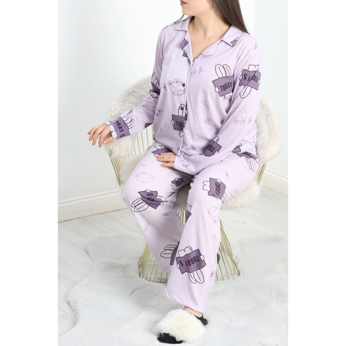 Baskılı Battal Pijama Takımı Lila