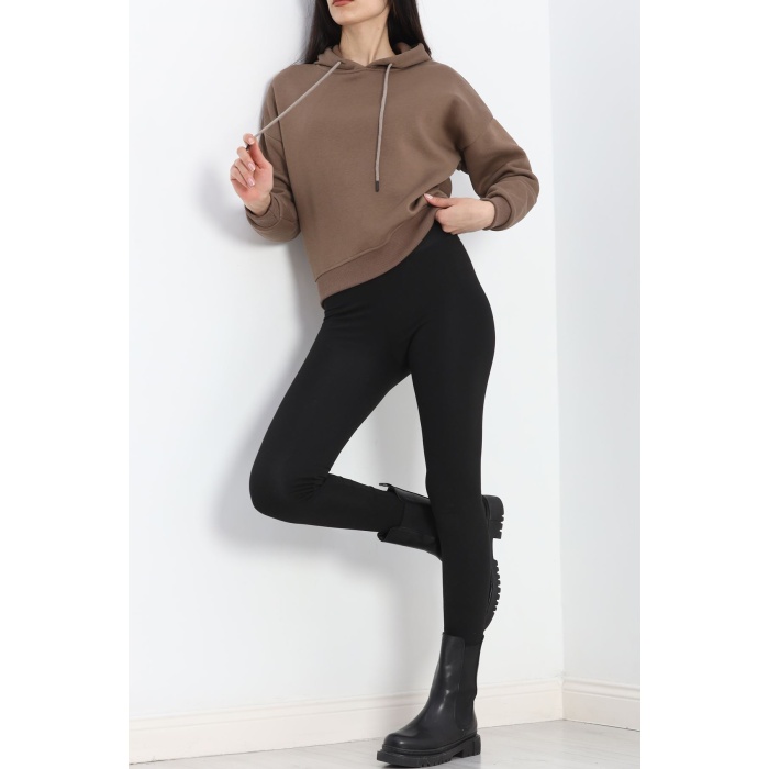 Kapşonlu 3 İplik Crop Sweat Açıkkahve