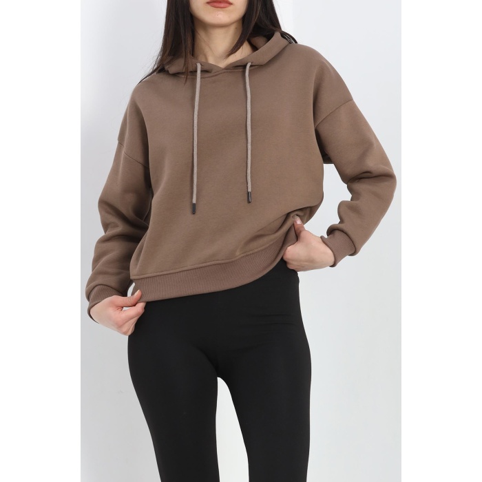 Kapşonlu 3 İplik Crop Sweat Açıkkahve