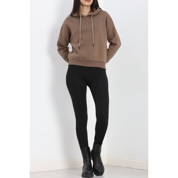 Kapşonlu 3 İplik Crop Sweat Açıkkahve