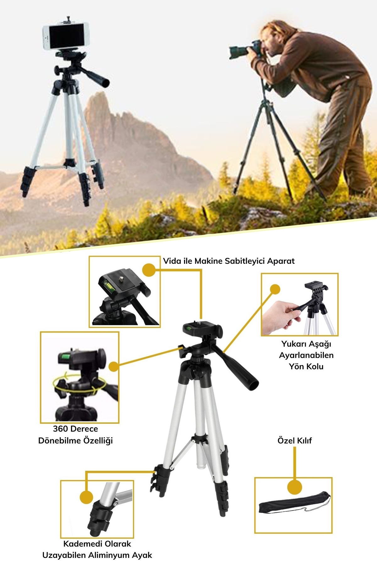 Mobee Profesyonel 105 Cm Tripod Telefon & Fotoğraf Makinesi Tripodu Metal