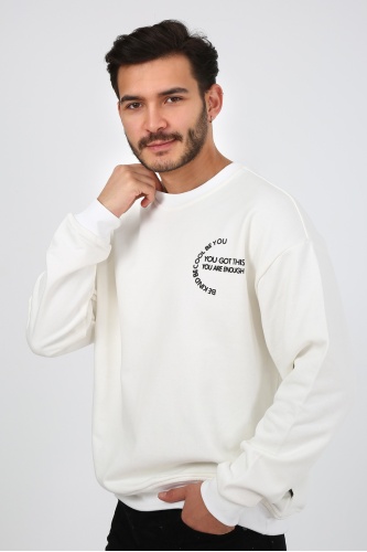 Fıve Pocket Erkek Bisiklet Yaka Sweatshirt -Ekru