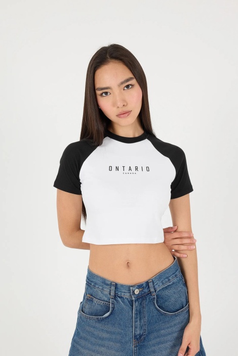 Addax ONTARIO CANADA Baskılı Crop T-Shirt- Beyaz