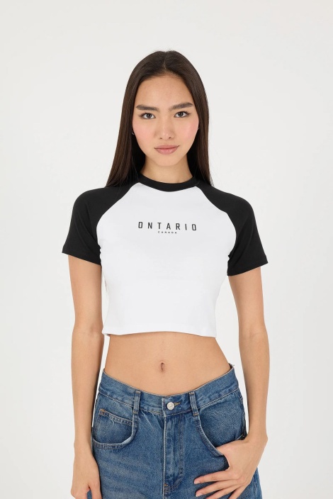 Addax ONTARIO CANADA Baskılı Crop T-Shirt- Beyaz