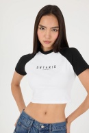 Addax ONTARIO CANADA Baskılı Crop T-Shirt- Beyaz