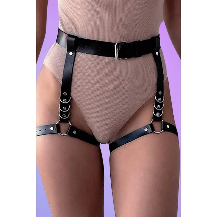 CLZ41 Seksi Deri Siyah Jartiyer Harness - APFT812