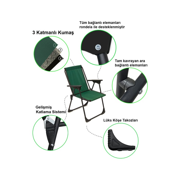 Natura 2 Adet Kamp Sandalyesi Katlanır Piknik Sandalye Dikdörtgen Bardaklıklı Yeşil