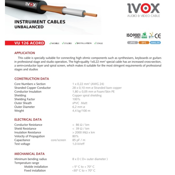 Ivox Vu-126 Acord UnbalancedMicrophone Cable