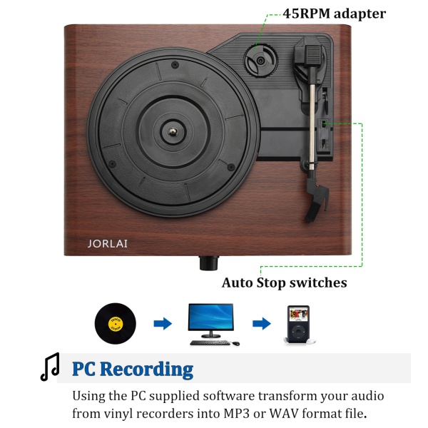 Jorlaı Jr-103 Pikap Pc Record Player Bluetooth Turntable With Stereo Speakers 33/45/78 Rpm Viny Maun Jr103