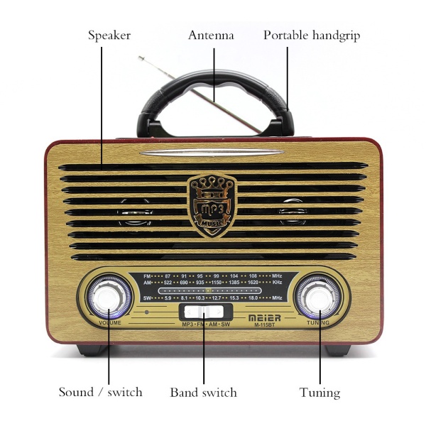 Meıer M-115Bt Şarjlı Bluetooth Retro Wooden Radio