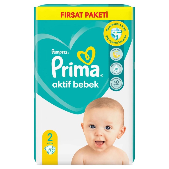 Prima Bebek Bezi Aktif Bebek Eko Paket 2 Beden 72 Adet