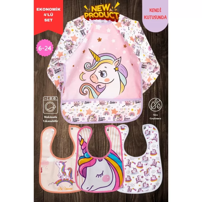 Unicorn Desen 4lü Set Eko Sıvı Geçirmez Aktivite Ve Mama Önlüğü Kendi Kutusunda 6-24 Ay