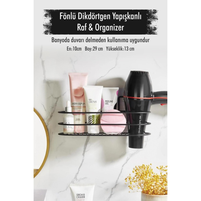 Paslanmaz Çelik Yapışkanlı Fönlü Duvar Rafı & Organizer & Banyo Duş Askısı