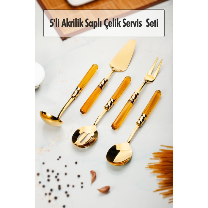 5 Parça Gold Servis Seti & Servis Sunum Seti Amber ( Kepçe / Kevgir / Sıpatula / Çatal / Kaşık )