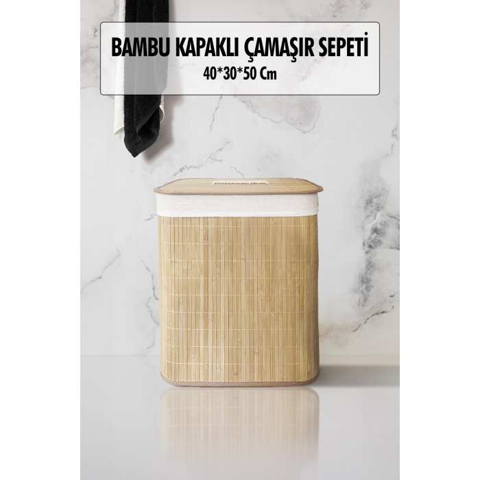 Katlanır Doğal Bambu Dikdörtgen Çamaşır  Kirli Sepeti (30*40*50 Cm)