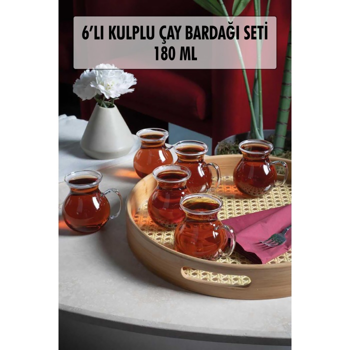 6lı Keyfi Ala Borosilikat Cam Kulplu Çay Bardağı