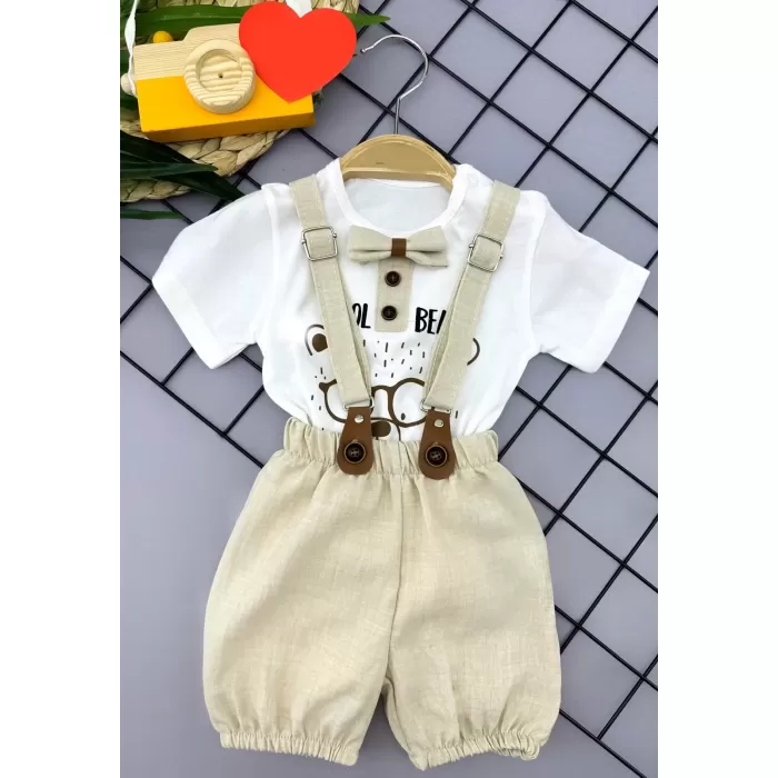 9-12-18-24 Ay Papyon Detaylı Keten Şort Salopet Tişörtlü 2li Erkek Bebek Takımı