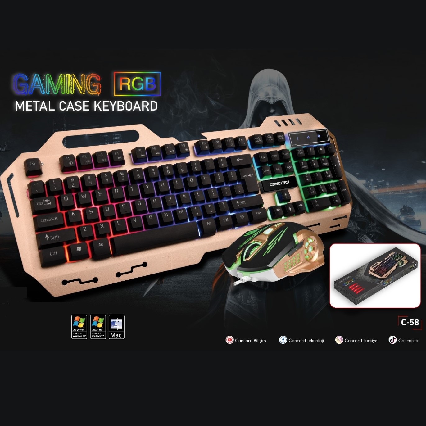 Aydınlatmalı Metal Kasa Q Gaming Rgb Mouse Klavye Set Concord C-58