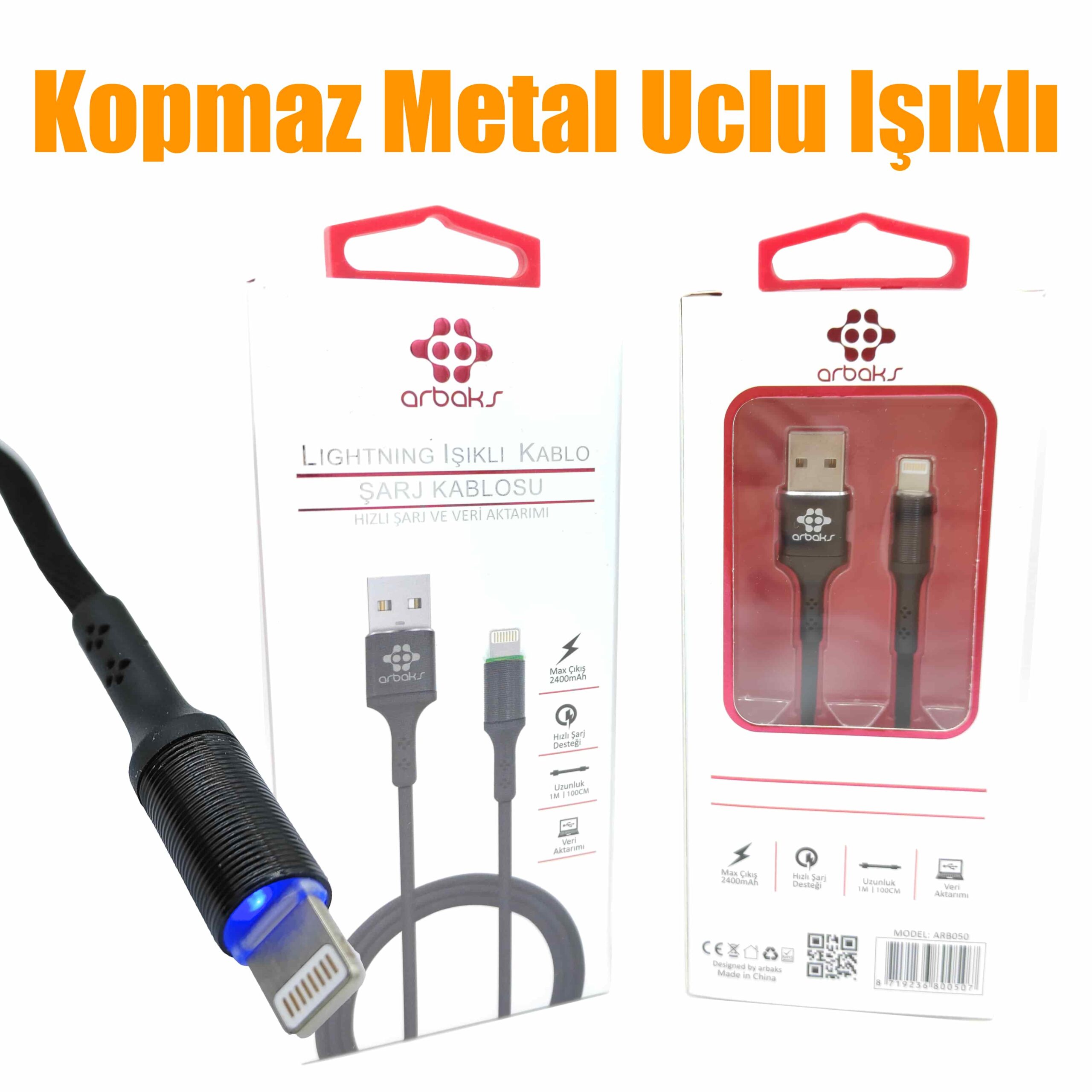 (Iphone) Kopmaz Metal Uclu Işıklı Hızlı Şarj Kablosu Arbaks Arb050