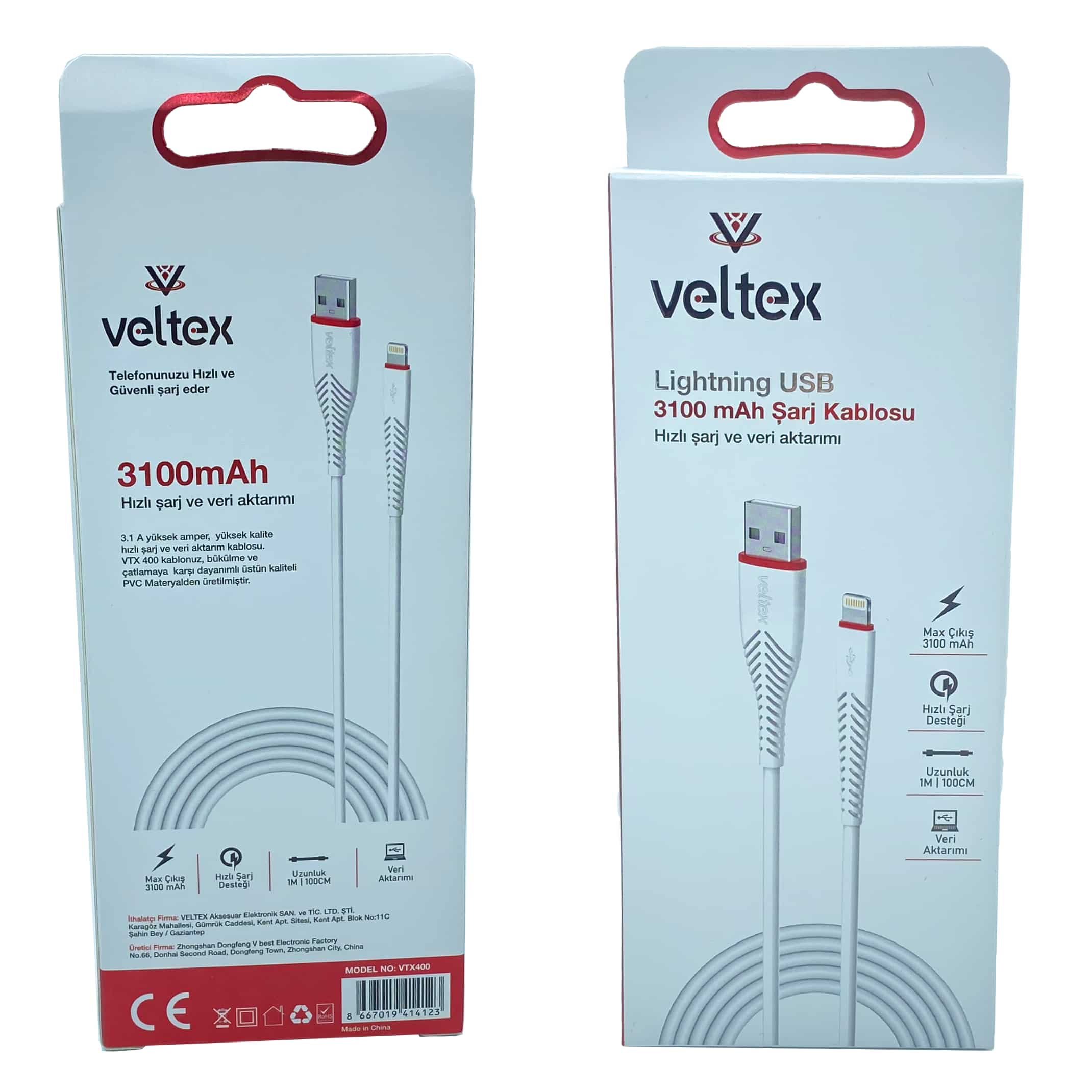 (Iphone) 3.1A Hızlı Şarj Veri Aktarımı Veltex (Penceresiz) Vtx400