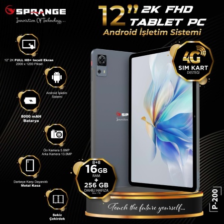 SPRANGE P-200 FULL HD Ekran 4G Sim Kartlı 12 16GB / 256GB 8 Çekirdekli Kılıf Hediyeli