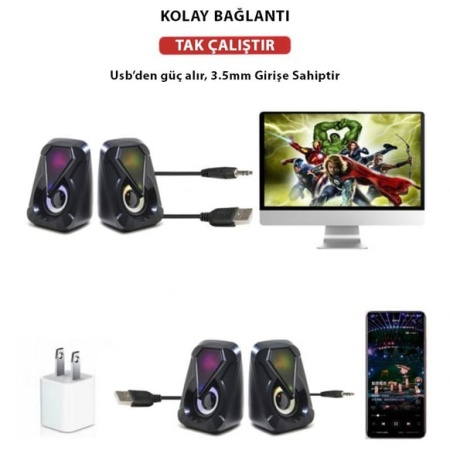 E-1053 Telefon Bilgisayar Tablet Uyumlu RGB Stereo Usb Hoparlör