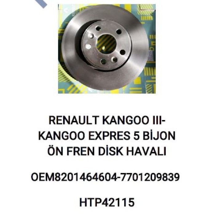 ÖN FREN DISK AYNASI SOGUTMALI TAKIMQ280MM RENAULT KANGOO III-KANGOO EXPRESS 5 BIJON - HTP42115