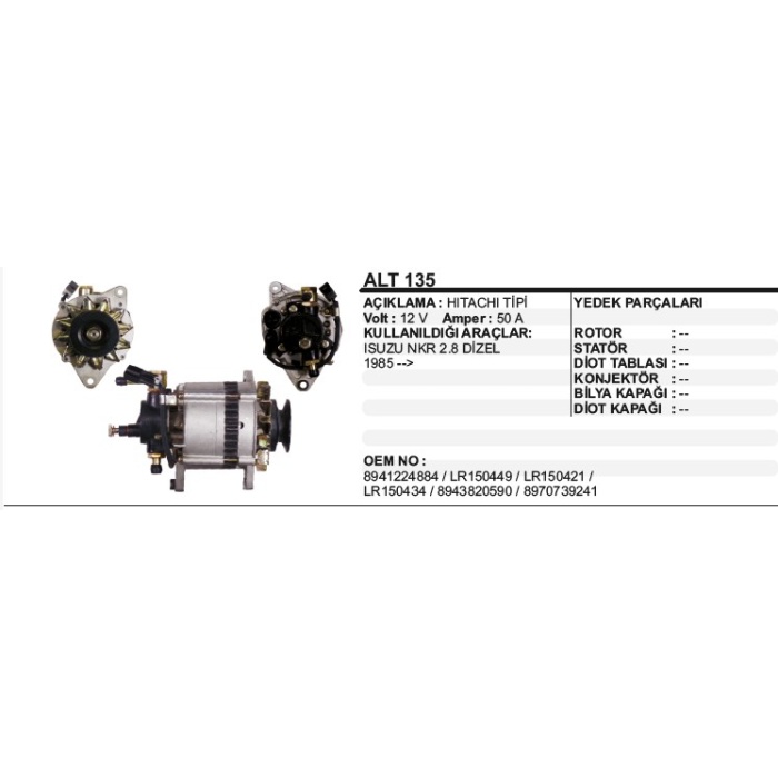 ALTERNATÖR 12V 75A ISUZU NKR 2.8 D 85- PEUGEOT J9 HITACHI TIP - DD-ALT135