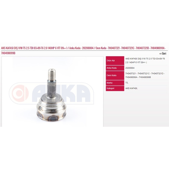 AKS KAFASI DIŞ 2.5 TDI 03=-09-T6 2.0 140HP 09=-303995 VW TRANSPORTER T5 T6 - ANKA-2020-0004