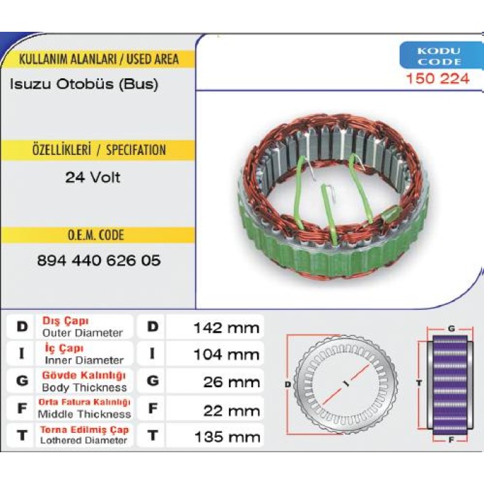 STATÖR 24V 50AMP. ISUZU OTOBÜS  MD 27 { 25 KIŞILIK } HITACHI-MITSUBISHI TIP - 150 224