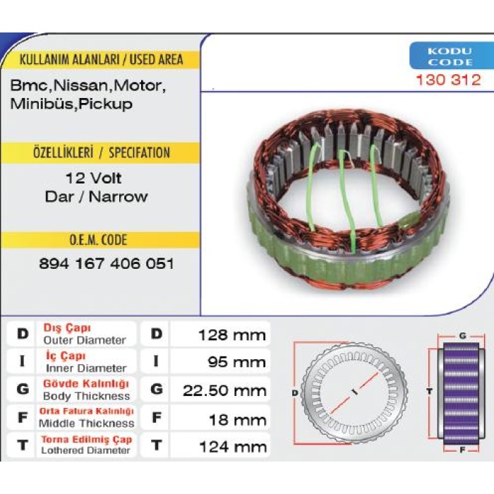 STATÖR 12V 50AMP. BMC NISSAN MOTOR MINIBÜS PICKUP HITACHI-MITSUBISHI TIP - 130 312