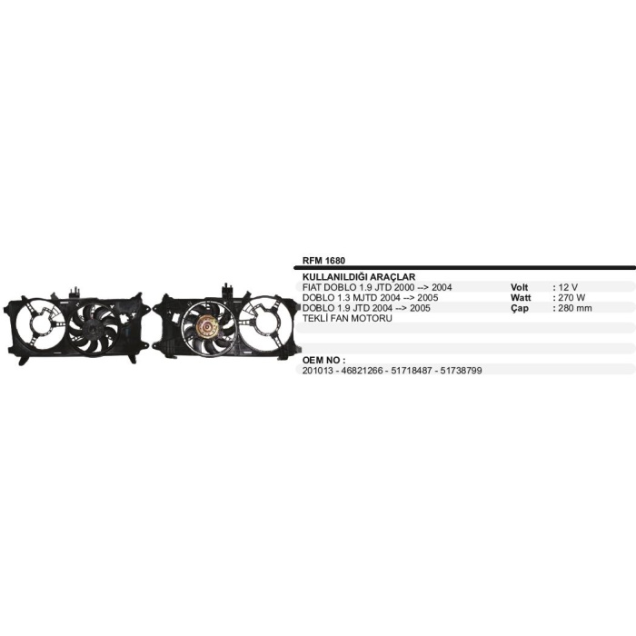 FAN MOTORU 12V.FIAT DOBLO JTD TEKLI - RFM1680