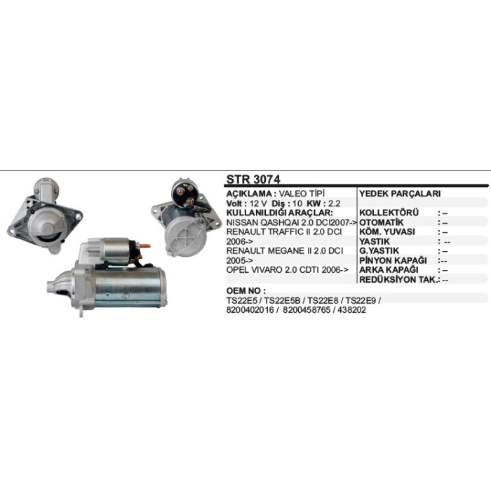 MARŞ MOTORU 10DIŞ 12V  D7R RENAULT TRAFFIC II-NISSAN QASHQAI  VALEO TIP - STR3074