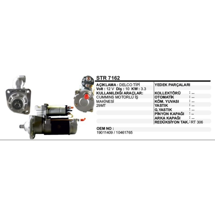 MARŞ MOTORU 10 DIŞ 12V 29MT CUMMINS MOTORLU JCB-CAT 3116 DELCO TIP - STR7162