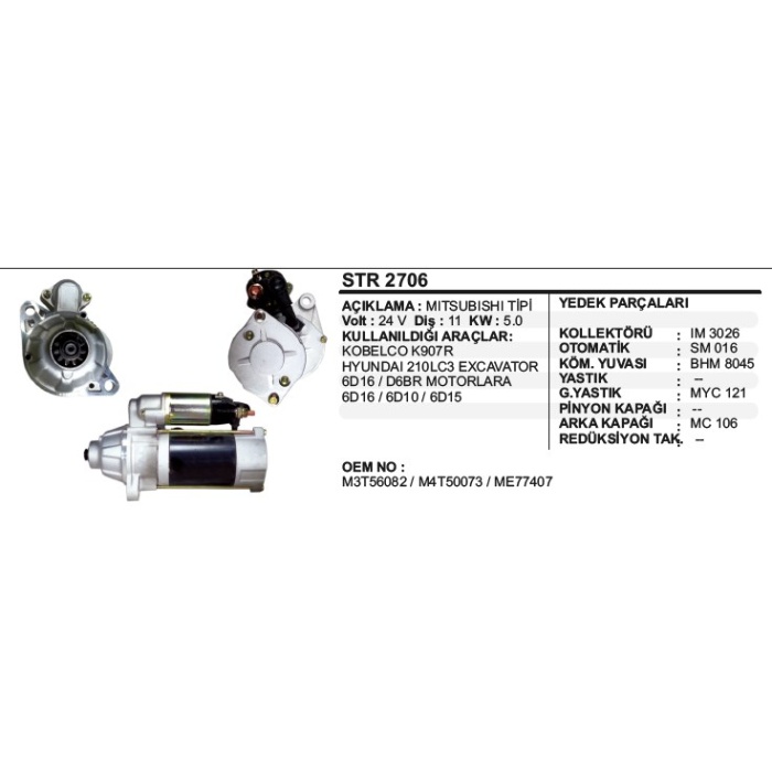 MARŞ MOTORU 11 DIŞ 24V KOBELCO K907R - HYUNDAI 210LC3 EXCAVATOR MITSUBISHI TIP - STR2706