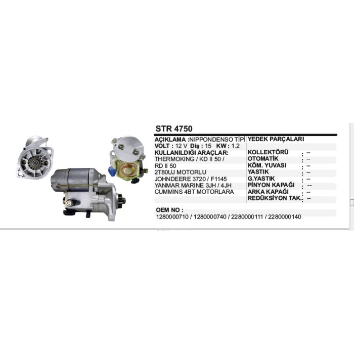 MARŞ MOTORU 10 DIŞ  12V THERMOKING KDII50-JOHNDEERE 3720 NIPPONDENSO TIP - STR4750