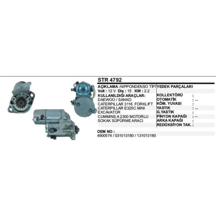 MARŞ MOTORU DAEWOO-SANKO-CAT 2 5KW CUMMINS 15DIS NIPPONDENSO TIP - STR4792