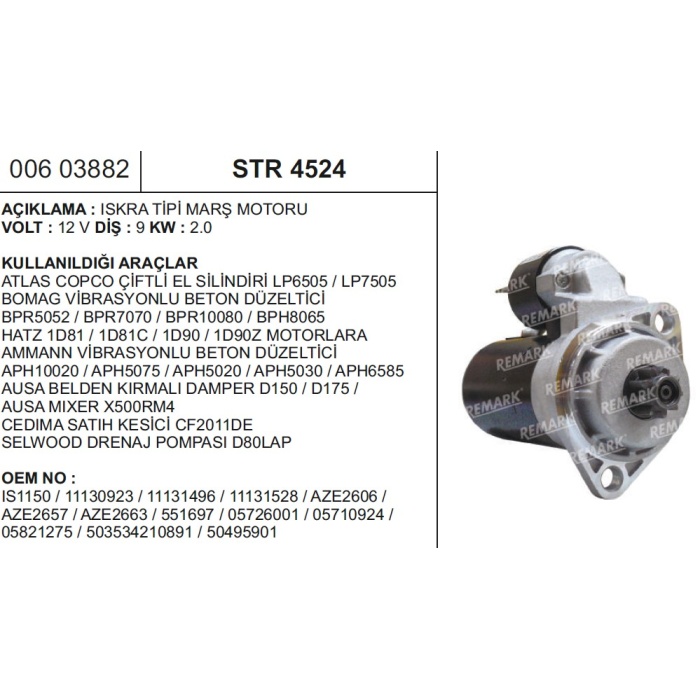 MARŞ MOTORU ISKRA 12V.HATZ-GEHL 9D. - STR4524