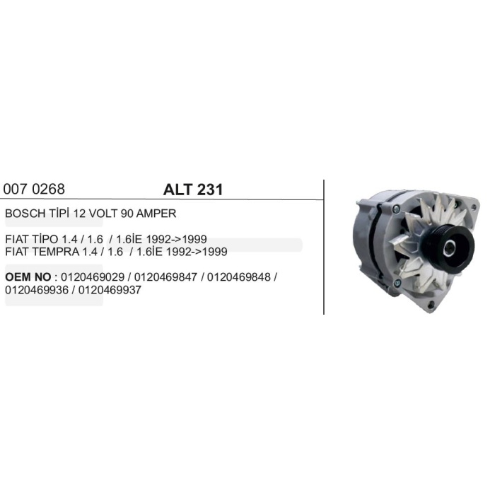 ALTERNATÖR 12V.90A FIAT TIPO-TEMPRA 1.4-1.6 93-- BOSCH TIPI - ALT231