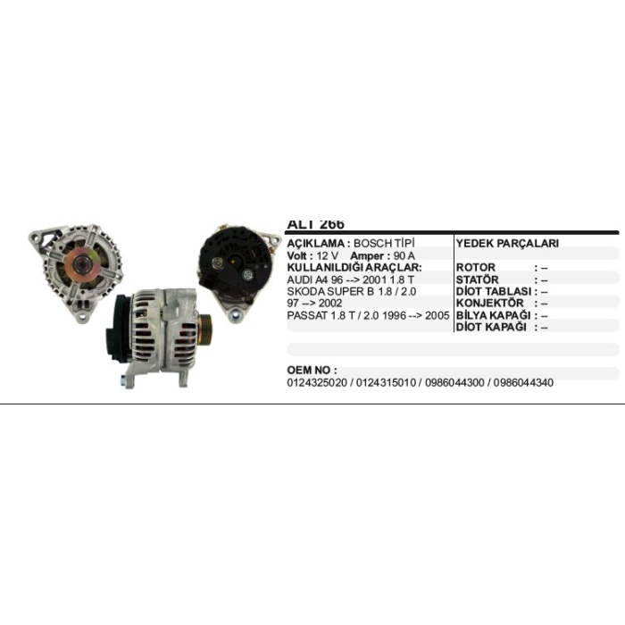 ALTERNATÖR 12V 90A VW PASSAT 1 8T-AUDI A4- SKODA SUPERB 96-05  BOSCH TIP - ALT266