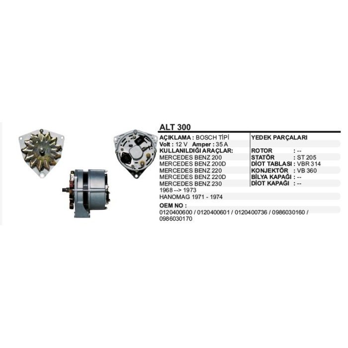 ALTERNATÖR 12V.35A. BOSCH TIP KUCUK - ALT300