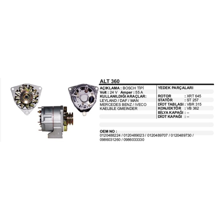 ALTERNATÖR 24V 55A. MERCEDES BENZ-IVECO-KAELBLE GMEINDER-LEYLAND-DAF-MAN BOSCH TIP - ALT360