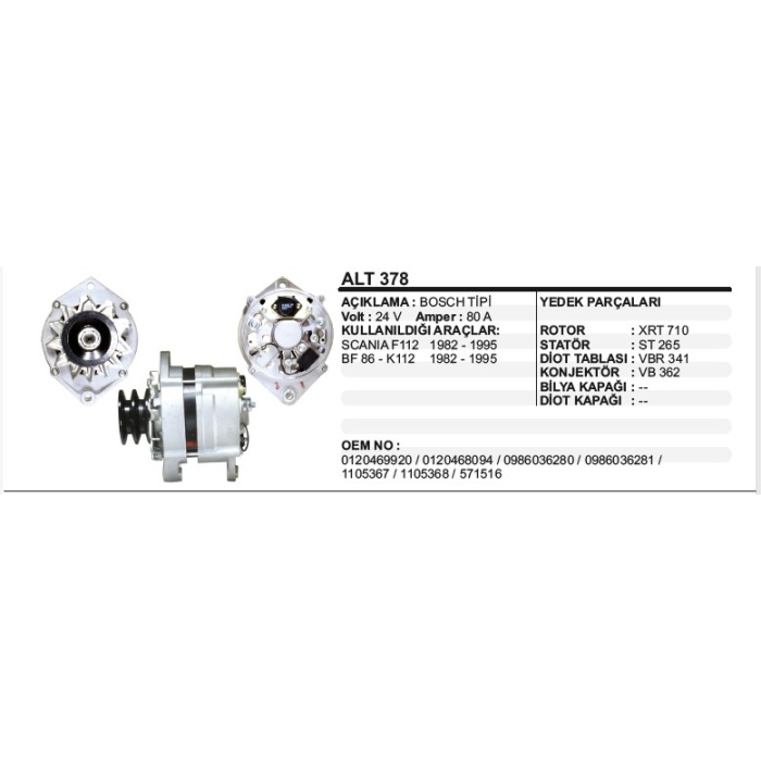 ALTERNATÖR 24V 80A SCANIA F112-82-95 BF 86-K112 82-95 BOSCH TIP - ALT378