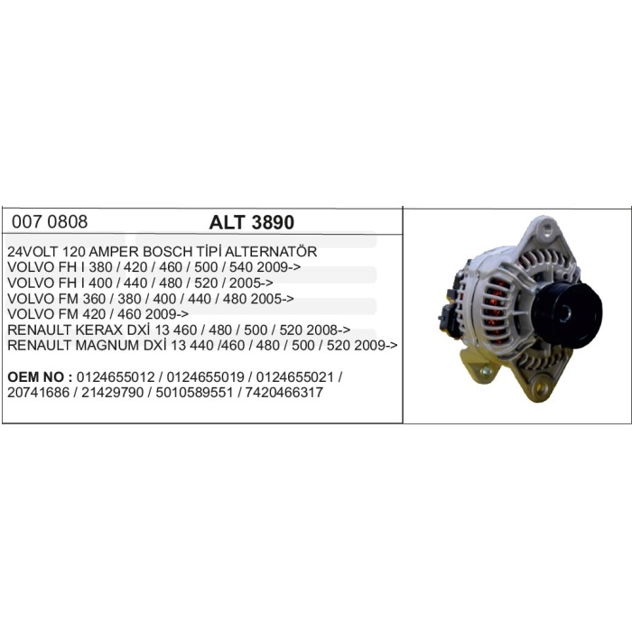 ALTERNATÖR 24V.120A.VOLVO FH420-480-PREMIUM BOSCH TIPI - ALT3890