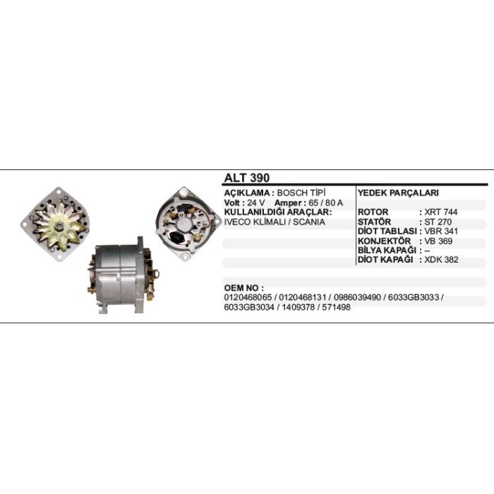 ALTERNATÖR 24V 65-80A IVECO KLIMALI BOSCH TIP - ALT390