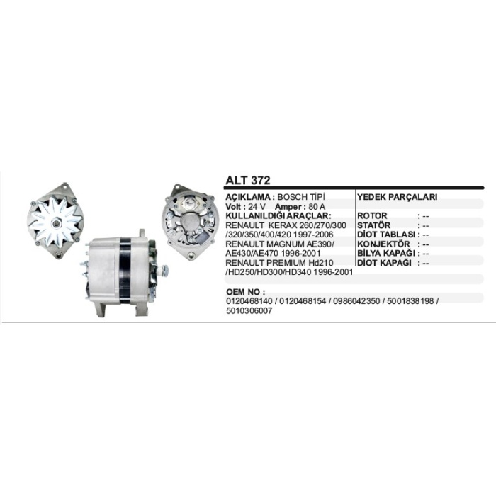 ALTERNATÖR 24V 80A BOSCH TIP RENAULT KERAX-PREMIUM - ALT372