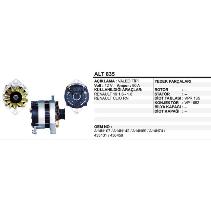 ALTERNATÖR 12V 90A RENAULT R19 1.6-1.8-CLIO RNI VALEO TIP - ALT835