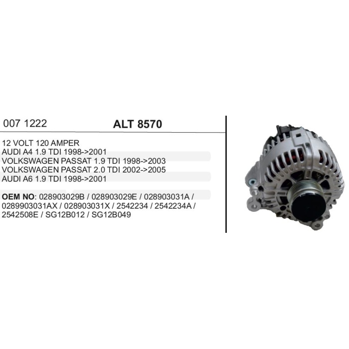 ALTERNATÖR 12V 120A. AUDI A4-A6-PASSAT 1.9TDI  VALEO TIP - ALT8570