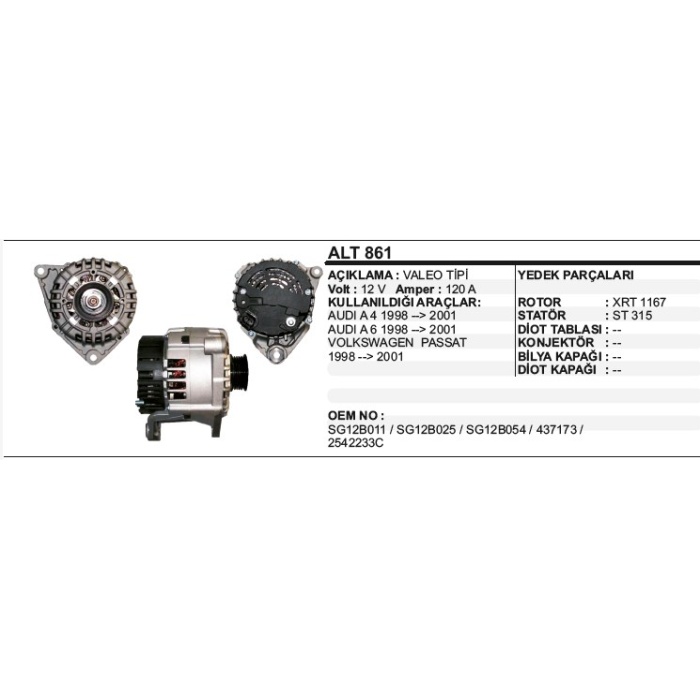 ALTERNATÖR 12V 120A AUDI A4 A6 98-01 VW - PASSAT 98-- VALEO TIP - ALT861