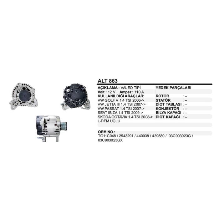 ALTERNATÖR 12V.110A. VW PASSAT-GOLF IV 1 4 TSI 07--VALEO TIP - ALT863